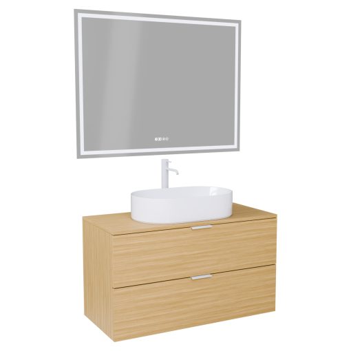 HD Salerno Hickory 100 komplett fürdőszoba bútor fali mosdószekrénnyel, matt fehér fogantyúkkal, hikoridió színű mosdópulttal és tükörrel