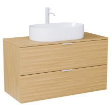 HD Salerno Hickory 100 komplett fürdőszoba bútor fali mosdószekrénnyel, matt fehér fogantyúkkal, hikoridió színű mosdópulttal és tükörrel