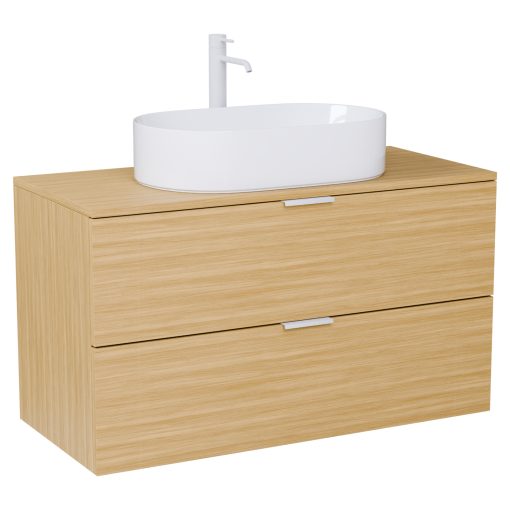 HD Salerno Hickory 100 komplett fürdőszoba bútor fali mosdószekrénnyel, matt fehér fogantyúkkal, hikoridió színű mosdópulttal és tükörrel