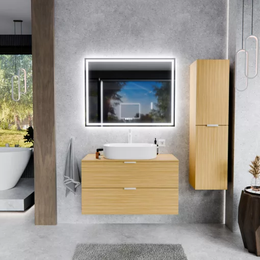 HD Salerno Hickory 100 komplett fürdőszoba bútor fali mosdószekrénnyel, matt fehér fogantyúkkal, hikoridió színű mosdópulttal és tükörrel