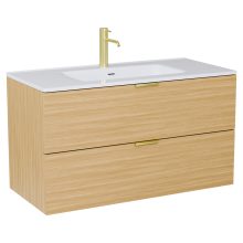 HD Palermo Hickory 100 fali mosdószekrény szálcsiszolt arany fogantyúkkal és fényes fehér slim mosdóval