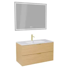 HD Palermo Hickory 100 komplett fürdőszoba bútor fali mosdószekrénnyel, szálcsiszolt arany fogantyúkkal, fényes fehér slim mosdóval és tükörrel