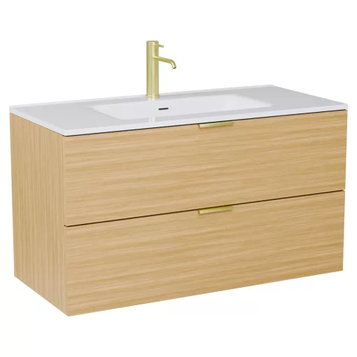 HD Palermo Hickory 100 komplett fürdőszoba bútor fali mosdószekrénnyel, szálcsiszolt arany fogantyúkkal, fényes fehér slim mosdóval és tükörrel