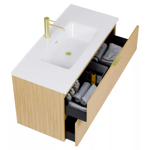 HD Palermo Hickory 100 komplett fürdőszoba bútor fali mosdószekrénnyel, szálcsiszolt arany fogantyúkkal, fényes fehér slim mosdóval és tükörrel