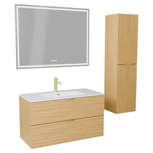 HD Palermo Hickory 100 komplett fürdőszoba bútor szett fali mosdószekrénnyel, szálcsiszolt arany fogantyúkkal, fényes fehér slim mosdóval, tükörrel és magas szekrénnyel