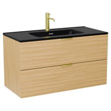 HD Palermo Hickory 100 fali mosdószekrény szálcsiszolt arany fogantyúkkal és matt fekete slim mosdóval