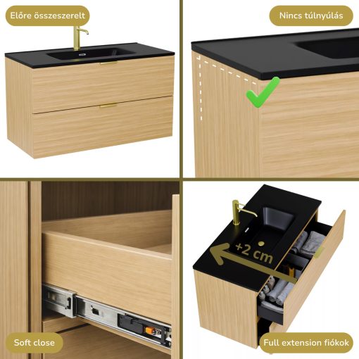 HD Palermo Hickory 100 fali mosdószekrény szálcsiszolt arany fogantyúkkal és matt fekete slim mosdóval