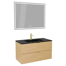 HD Palermo Hickory 100 komplett fürdőszoba bútor fali mosdószekrénnyel, szálcsiszolt arany fogantyúkkal, matt fekete slim mosdóval és tükörrel