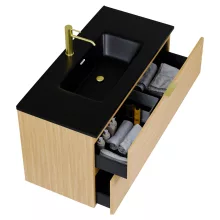 HD Palermo Hickory 100 komplett fürdőszoba bútor fali mosdószekrénnyel, szálcsiszolt arany fogantyúkkal, matt fekete slim mosdóval és tükörrel