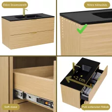 HD Palermo Hickory 100 komplett fürdőszoba bútor fali mosdószekrénnyel, szálcsiszolt arany fogantyúkkal, matt fekete slim mosdóval és tükörrel