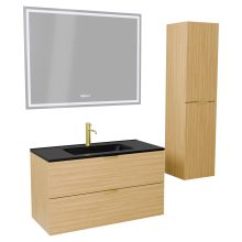 HD Palermo Hickory 100 komplett fürdőszoba bútor szett fali mosdószekrénnyel, szálcsiszolt arany fogantyúkkal, matt fekete slim mosdóval, tükörrel és magas szekrénnyel