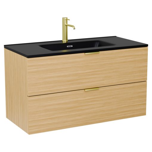 HD Palermo Hickory 100 komplett fürdőszoba bútor szett fali mosdószekrénnyel, szálcsiszolt arany fogantyúkkal, matt fekete slim mosdóval, tükörrel és magas szekrénnyel