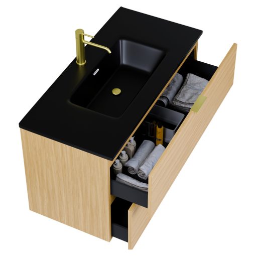 HD Palermo Hickory 100 komplett fürdőszoba bútor szett fali mosdószekrénnyel, szálcsiszolt arany fogantyúkkal, matt fekete slim mosdóval, tükörrel és magas szekrénnyel