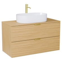 HD Salerno Hickory 100 komplett fürdőszoba bútor szett fali mosdószekrénnyel, szálcsiszolt arany fogantyúval, hikoridió színű mosdópulttal, tükörrel és magas szekrénnyel