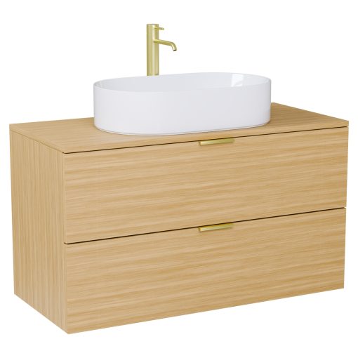 HD Salerno Hickory 100 komplett fürdőszoba bútor szett fali mosdószekrénnyel, szálcsiszolt arany fogantyúval, hikoridió színű mosdópulttal, tükörrel és magas szekrénnyel