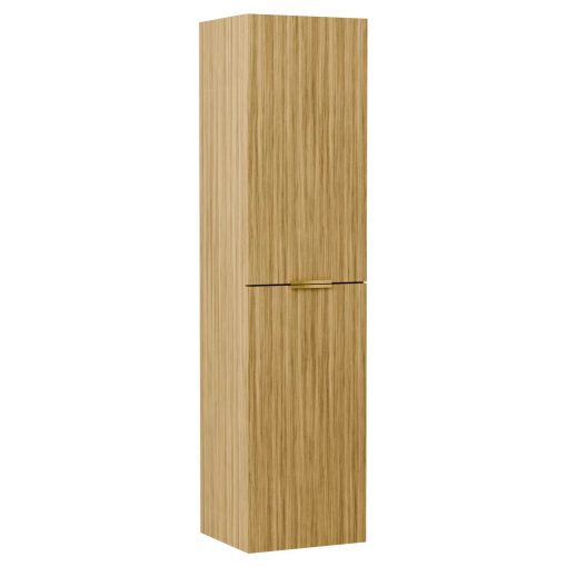 HD Salerno Hickory 100 komplett fürdőszoba bútor szett fali mosdószekrénnyel, szálcsiszolt arany fogantyúval, hikoridió színű mosdópulttal, tükörrel és magas szekrénnyel