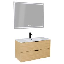 HD Palermo Hickory 100 komplett fürdőszoba bútor fali mosdószekrénnyel, matt fekete fogantyúkkal, fényes fehér slim mosdóval és tükörrel