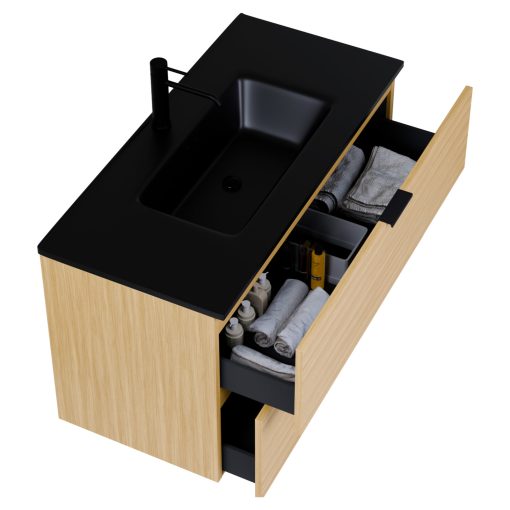 HD Palermo Hickory 100 fali mosdószekrény matt fekete fogantyúkkal és matt fekete slim mosdóval