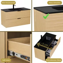 HD Palermo Hickory 100 komplett fürdőszoba bútor fali mosdószekrénnyel, matt fekete fogantyúkkal, matt fekete slim mosdóval és tükörrel