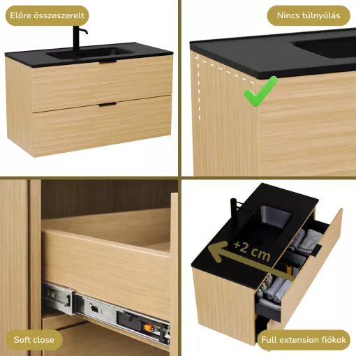 HD Palermo Hickory 100 komplett fürdőszoba bútor fali mosdószekrénnyel, matt fekete fogantyúkkal, matt fekete slim mosdóval és tükörrel