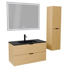 HD Palermo Hickory 100 komplett fürdőszoba bútor szett fali mosdószekrénnyel, matt fekete fogantyúkkal, matt fekete slim mosdóval, tükörrel és magas szekrénnyel