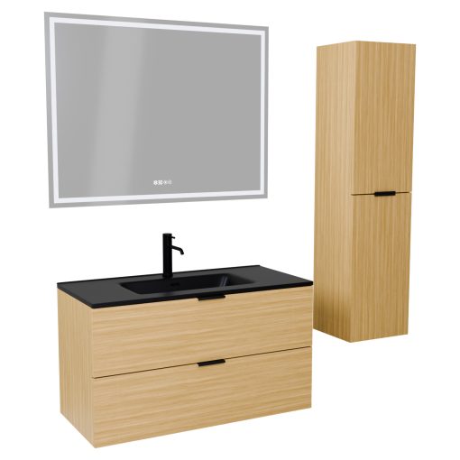 HD Palermo Hickory 100 komplett fürdőszoba bútor szett fali mosdószekrénnyel, matt fekete fogantyúkkal, matt fekete slim mosdóval, tükörrel és magas szekrénnyel