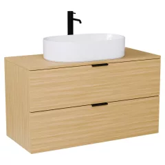   HD Salerno Hickory 100/120 fali mosdószekrény hikoridió színű mosdópulttal és matt fekete fogantyúkkal