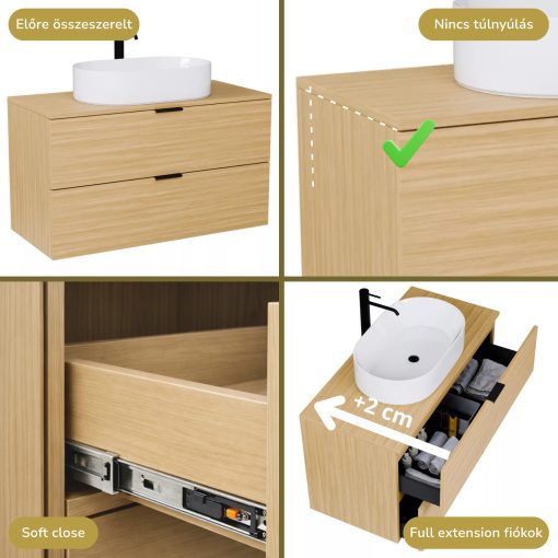 HD Salerno Hickory 100/120 fali mosdószekrény hikoridió színű mosdópulttal és matt fekete fogantyúkkal