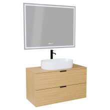 HD Salerno Hickory 100/120 komplett fürdőszoba bútor fali mosdószekrénnyel, matt fekete fogantyúkkal, hikoridió színű mosdópulttal és tükörrel