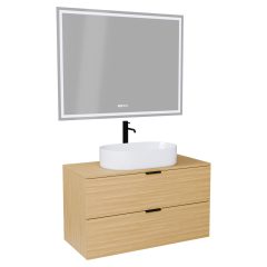   HD Salerno Hickory 100/120 komplett fürdőszoba bútor fali mosdószekrénnyel, matt fekete fogantyúkkal, hikoridió színű mosdópulttal és tükörrel