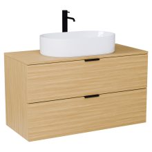 HD Salerno Hickory 100/120 komplett fürdőszoba bútor fali mosdószekrénnyel, matt fekete fogantyúkkal, hikoridió színű mosdópulttal és tükörrel