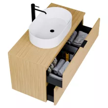 HD Salerno Hickory 100/120 komplett fürdőszoba bútor fali mosdószekrénnyel, matt fekete fogantyúkkal, hikoridió színű mosdópulttal és tükörrel