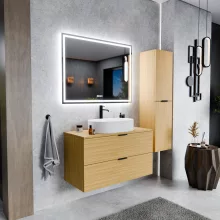 HD Salerno Hickory 100/120 komplett fürdőszoba bútor fali mosdószekrénnyel, matt fekete fogantyúkkal, hikoridió színű mosdópulttal és tükörrel