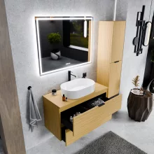 HD Salerno Hickory 100/120 komplett fürdőszoba bútor fali mosdószekrénnyel, matt fekete fogantyúkkal, hikoridió színű mosdópulttal és tükörrel