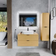 HD Salerno Hickory 100/120 komplett fürdőszoba bútor fali mosdószekrénnyel, matt fekete fogantyúkkal, hikoridió színű mosdópulttal és tükörrel