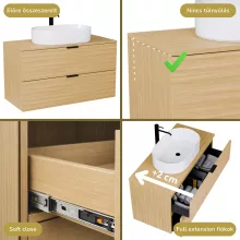 HD Salerno Hickory 100/120 komplett fürdőszoba bútor fali mosdószekrénnyel, matt fekete fogantyúkkal, hikoridió színű mosdópulttal és tükörrel