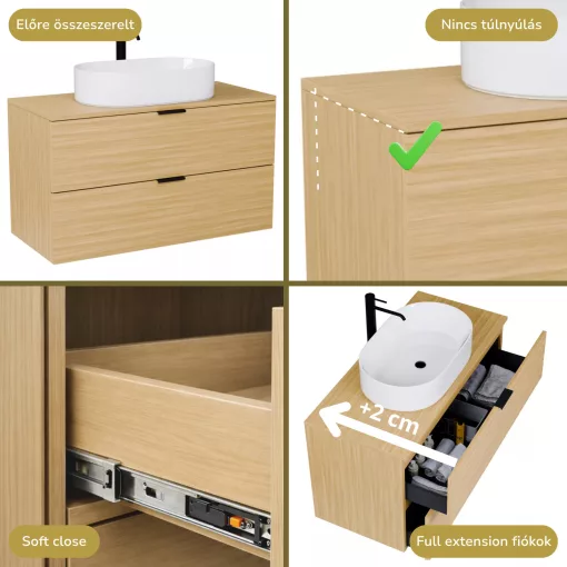 HD Salerno Hickory 100/120 komplett fürdőszoba bútor fali mosdószekrénnyel, matt fekete fogantyúkkal, hikoridió színű mosdópulttal és tükörrel