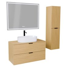 HD Salerno Hickory 100/120 komplett fürdőszoba bútor szett fali mosdószekrénnyel, matt fekete fogantyúval, hikoridió színű mosdópulttal, tükörrel és magas szekrénnyel