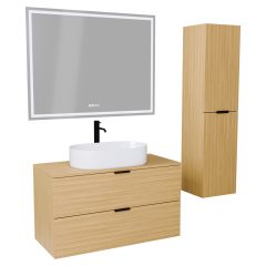   HD Salerno Hickory 100/120 komplett fürdőszoba bútor szett fali mosdószekrénnyel, matt fekete fogantyúval, hikoridió színű mosdópulttal, tükörrel és magas szekrénnyel