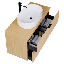 HD Salerno Hickory 100/120 komplett fürdőszoba bútor szett fali mosdószekrénnyel, matt fekete fogantyúval, hikoridió színű mosdópulttal, tükörrel és magas szekrénnyel