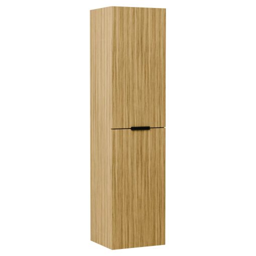 HD Salerno Hickory 100/120 komplett fürdőszoba bútor szett fali mosdószekrénnyel, matt fekete fogantyúval, hikoridió színű mosdópulttal, tükörrel és magas szekrénnyel