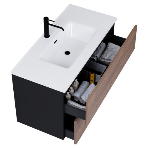 HD Aria Pro Black-Oak 100 fali mosdószekrény, push-to-open mechanizmussal, fényes fehér slim mosdóval