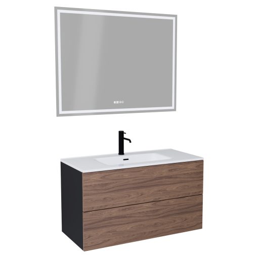 HD Aria Pro Black-Oak 100 komplett fürdőszoba bútor fali push-to-open mosdószekrénnyel, fényes fehér slim mosdóval és tükörrel