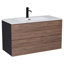 HD Aria Pro Black-Oak 100 komplett fürdőszoba bútor fali push-to-open mosdószekrénnyel, fényes fehér slim mosdóval és tükörrel