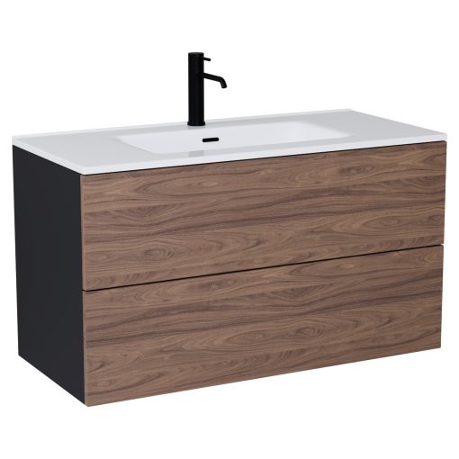 HD Aria Pro Black-Oak 100 komplett fürdőszoba bútor fali push-to-open mosdószekrénnyel, fényes fehér slim mosdóval és tükörrel