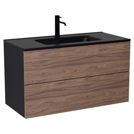 HD Aria Pro Black-Oak 100 fali mosdószekrény, push-to-open mechanizmussal, matt fekete slim mosdóval