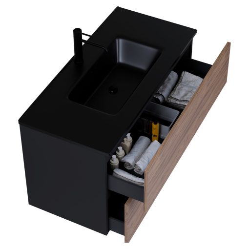 HD Aria Pro Black-Oak 100 fali mosdószekrény, push-to-open mechanizmussal, matt fekete slim mosdóval