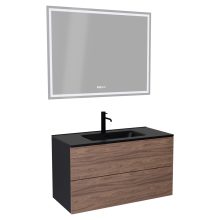 HD Aria Pro Black-Oak 100 komplett fürdőszoba bútor fali push-to-open mosdószekrénnyel, matt fekete slim mosdóval és tükörrel