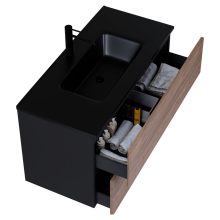 HD Aria Pro Black-Oak 100 komplett fürdőszoba bútor fali push-to-open mosdószekrénnyel, matt fekete slim mosdóval és tükörrel