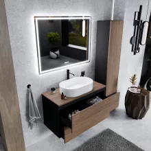 HD Zyra Pro Black-Oak 100 fali mosdószekrény, push-to-open mechanizmussal, oak mosdópulttal